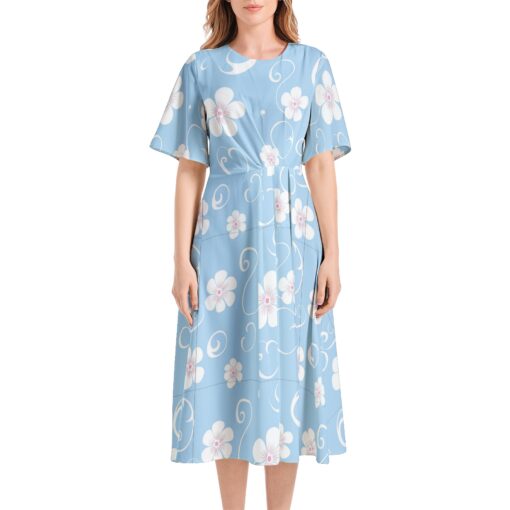 The Ocean Breeze Blooms Collection – Short Sleeve Waist Folding Midi Dress